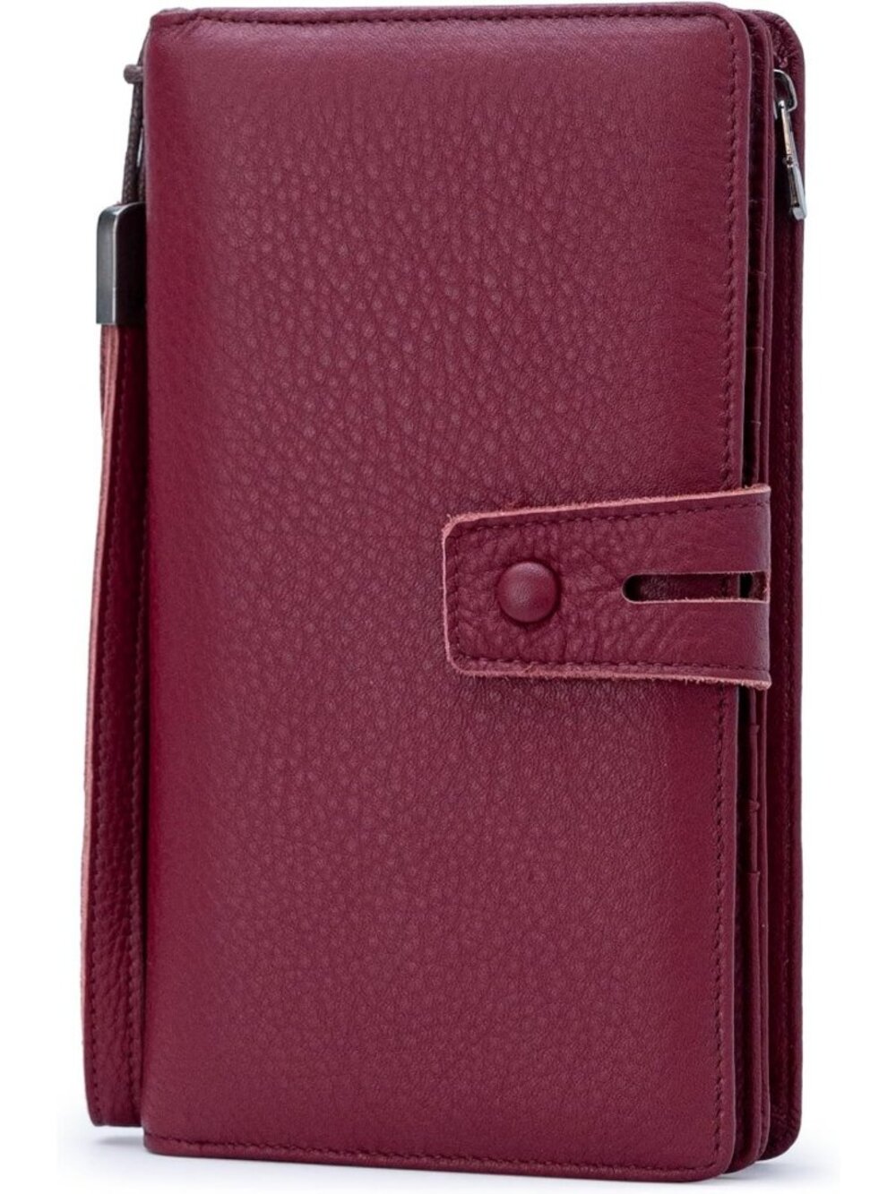 Stylish RFID Leather Wristlet Wallet Organizer for Phone & Checkbook - Wine Red